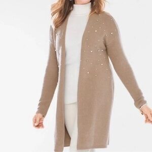 Chicos Open Front Faux Pearl Longline Wool Blend Cardigan Sweater, Size Small